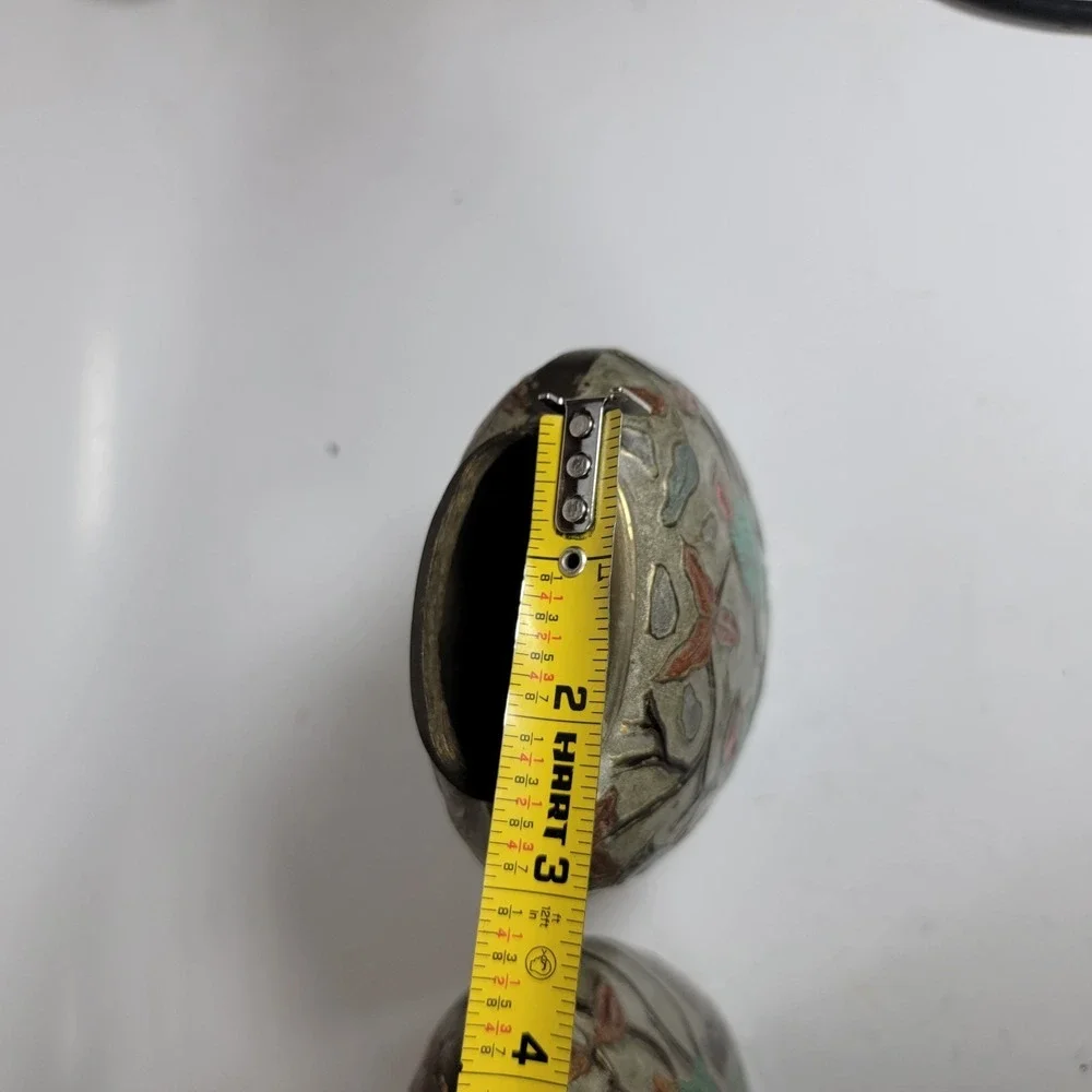 Vintage Brass and Enamel Cloisonné Floral Bud Flat Vase 4.25